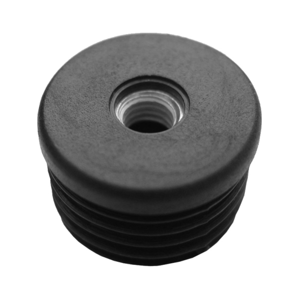 Žebrovaná kulatá plastová zátka - plochá pr.50 mm černá erodovaná, kovový závit M10, na hranoly, jek