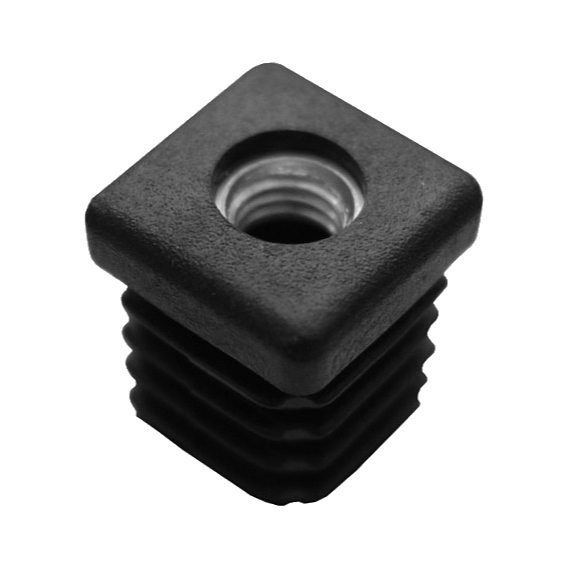 Žebrovaná čtvercová plastová zátka - plochá 30x30 mm černá erodovaná, kovový závit M10, na hranoly, 