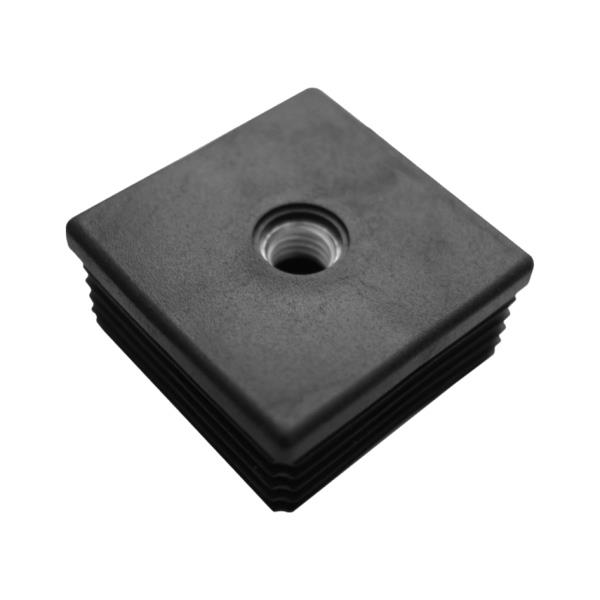 Žebrovaná čtvercová plastová zátka - plochá 35x35 mm černá erodovaná, kovový závit M10, na hranoly, jekly, sloupky a trubky